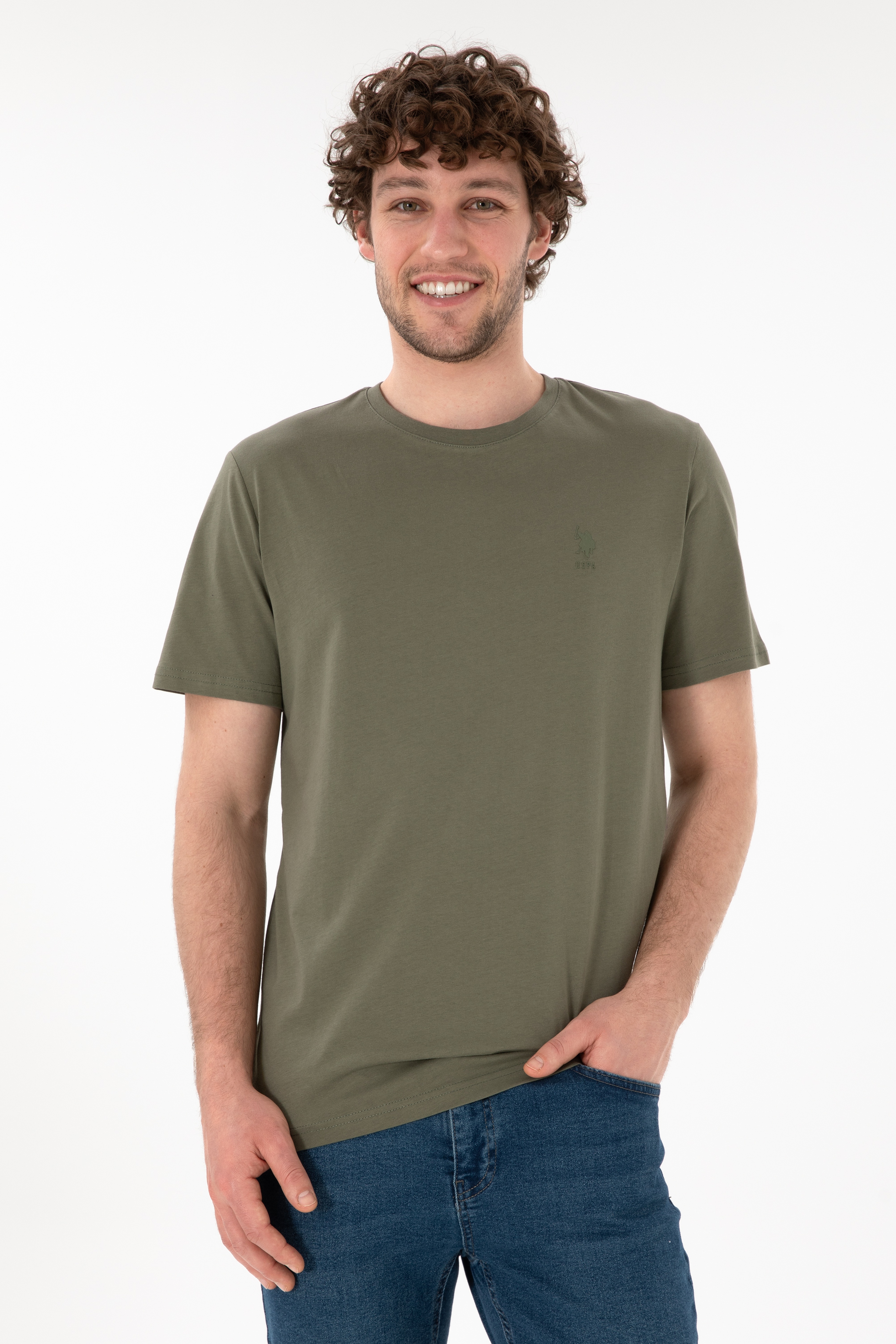Erkek Regular Fit Bisiklet Yaka Haki Basic Tişört - Image 1