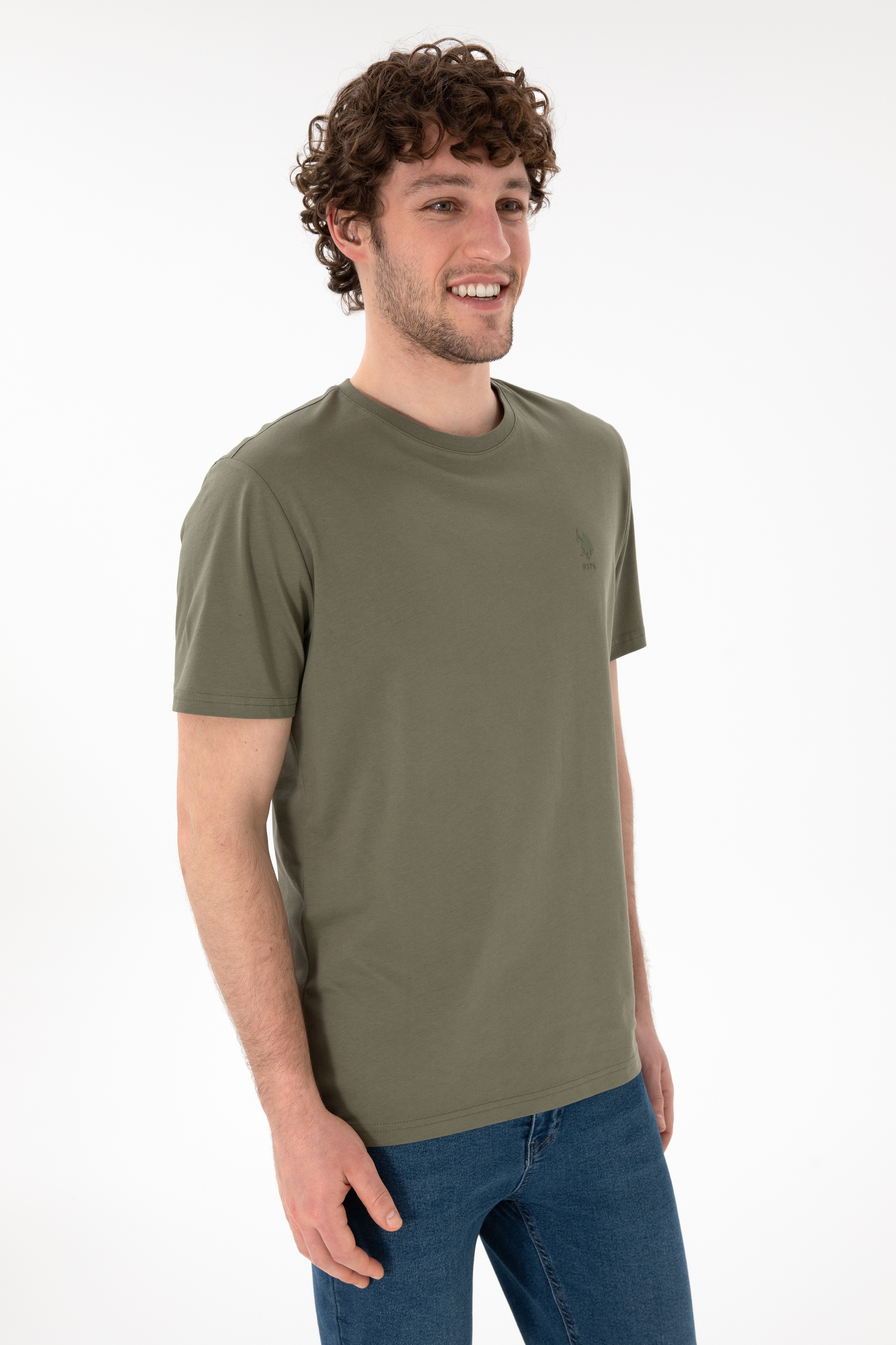 Erkek Regular Fit Bisiklet Yaka Haki Basic Tişört - Image 2