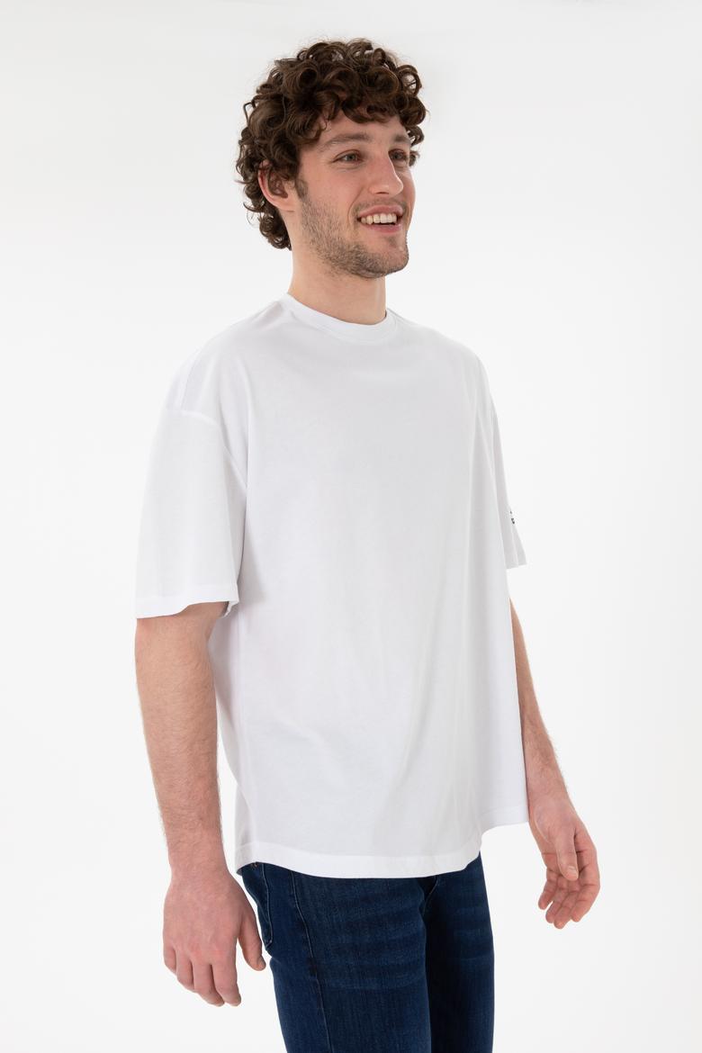 Erkek Long Fit Bisiklet Yaka Beyaz Basic Tişört - 50305988040