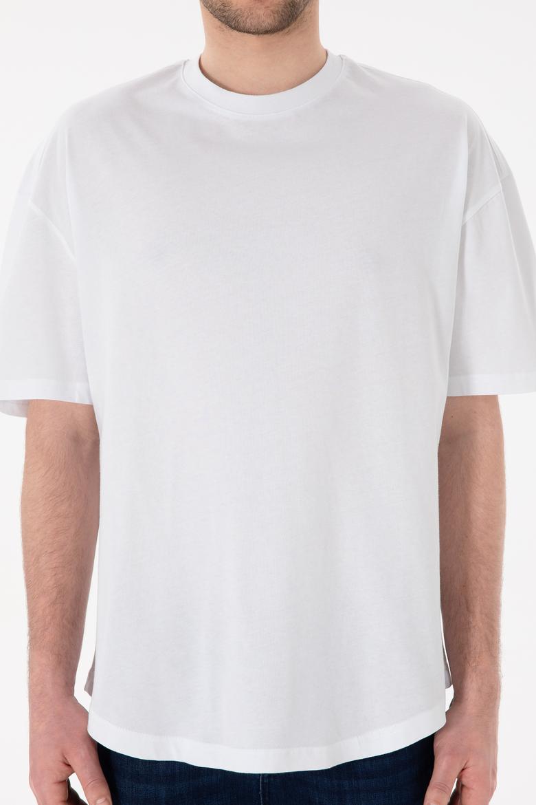 Erkek Long Fit Bisiklet Yaka Beyaz Basic Tişört - 50305988040