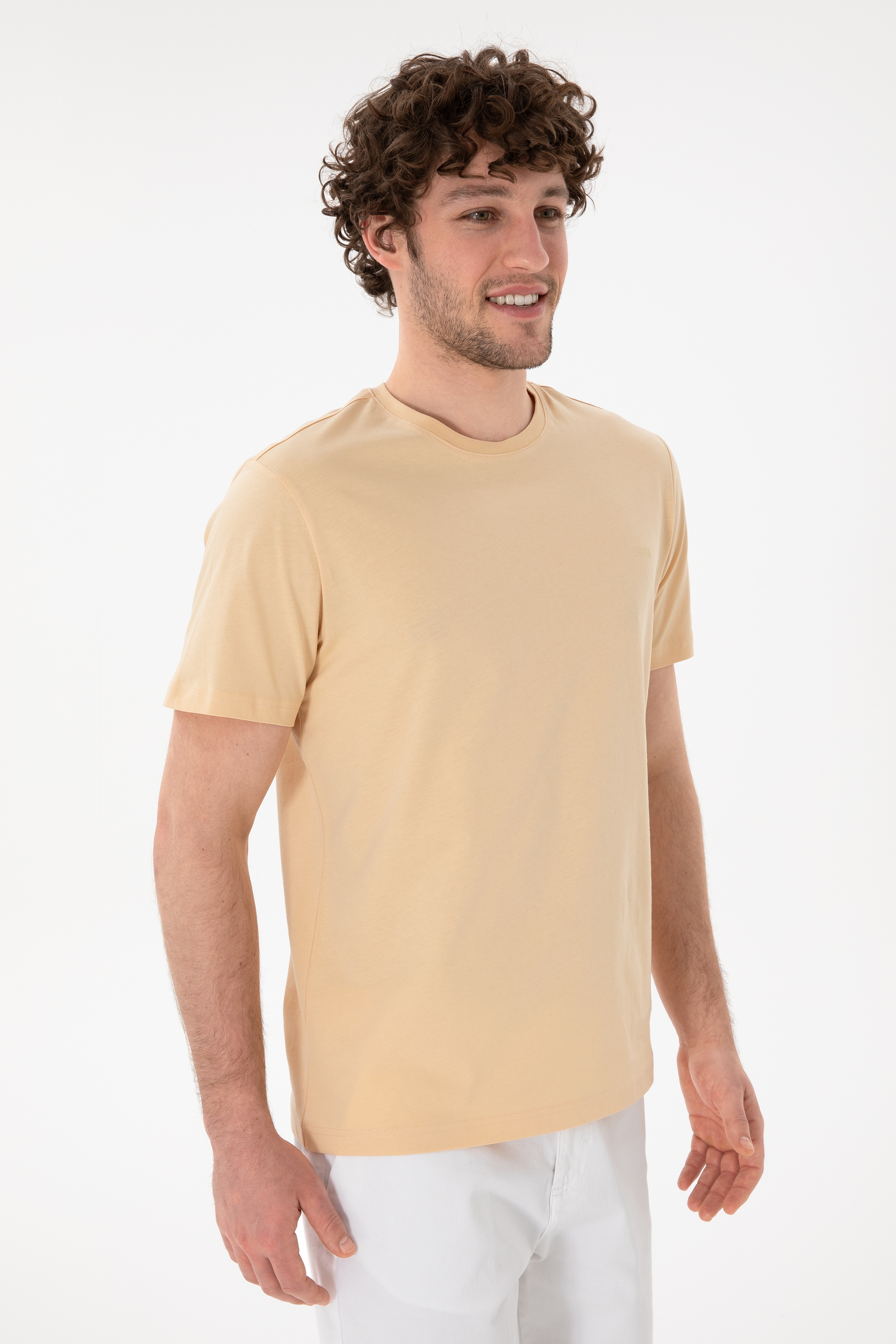 Erkek Regular Fit Bisiklet Yaka Bej Basic Tişört - Image 2