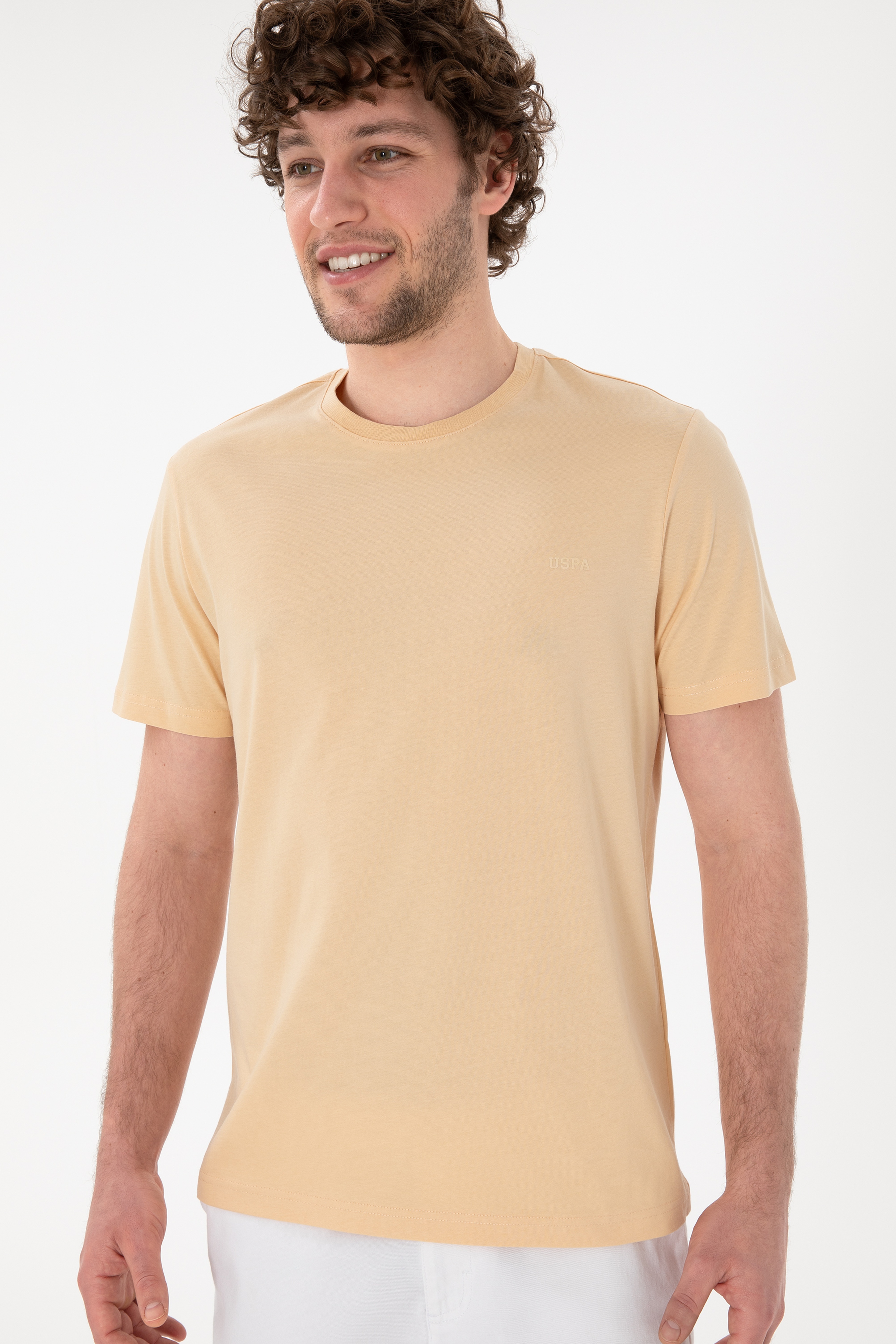 Erkek Regular Fit Bisiklet Yaka Bej Basic Tişört - Image 4