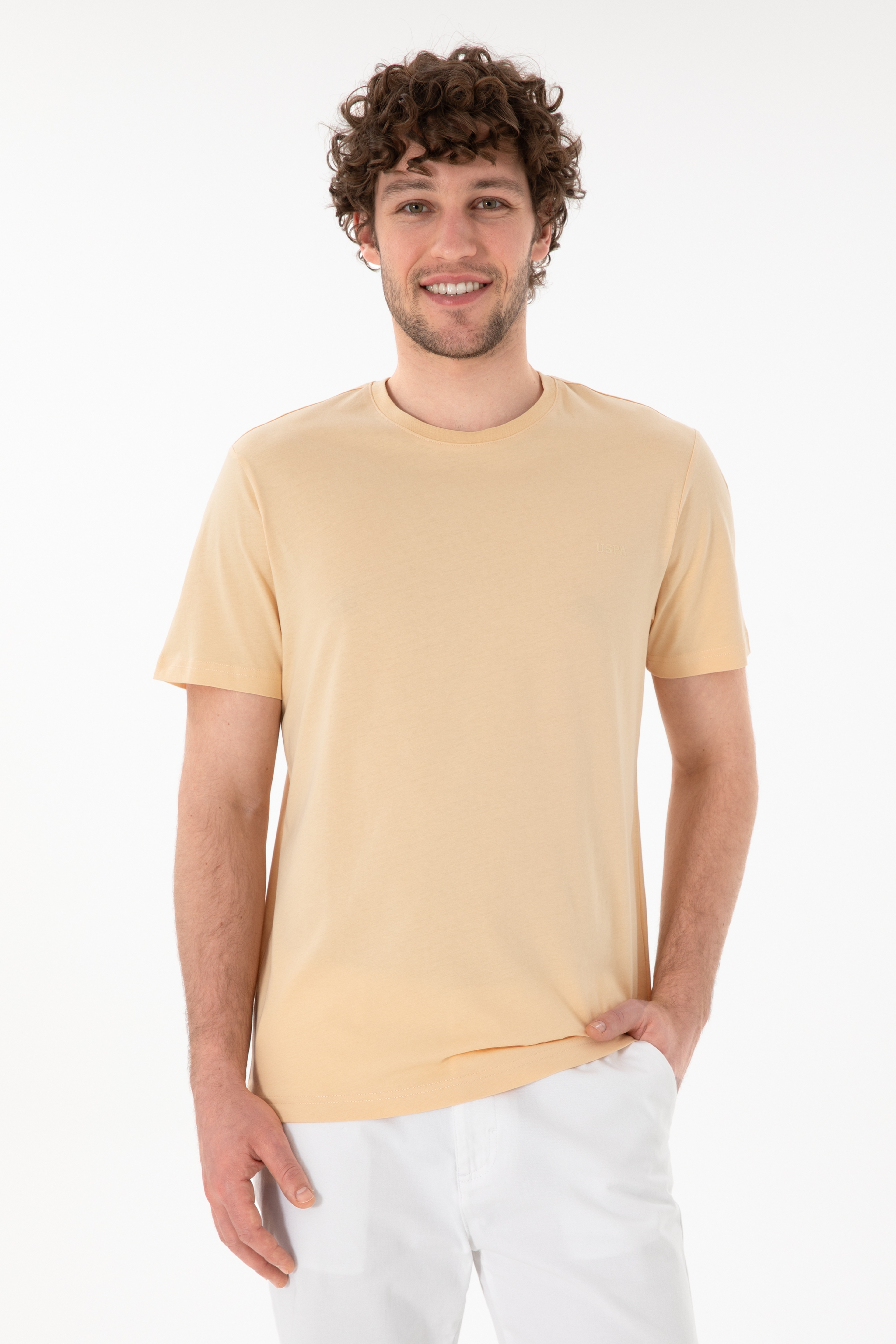Erkek Regular Fit Bisiklet Yaka Bej Basic Tişört - Image 1