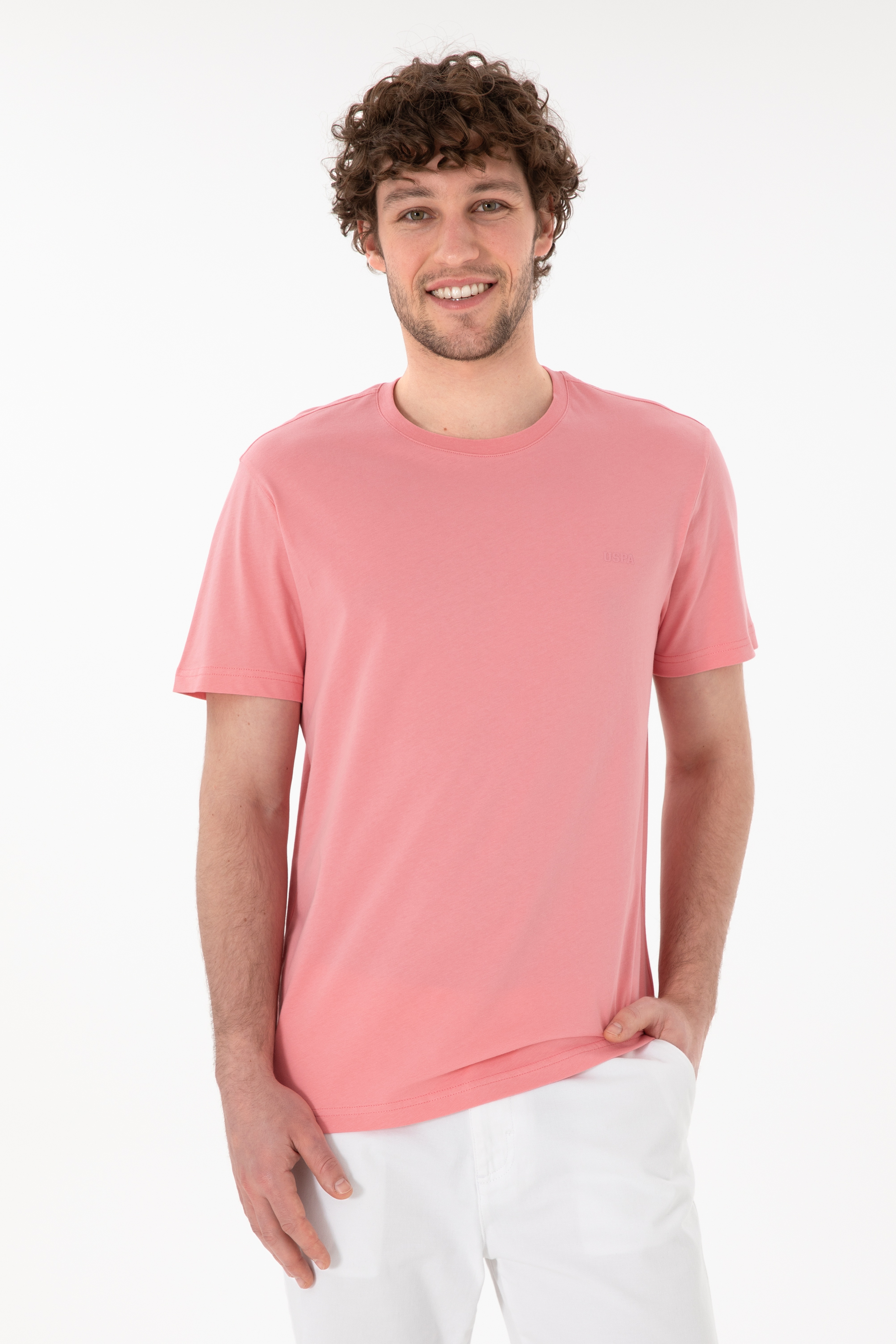 Erkek Regular Fit Bisiklet Yaka Pembe Basic Tişört - Image 1