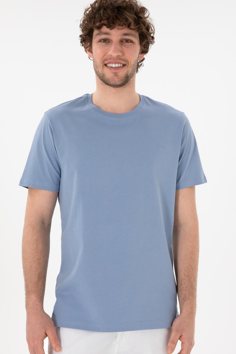 Erkek Regular Fit Bisiklet Yaka Mavi Basic Tişört - 50305928257