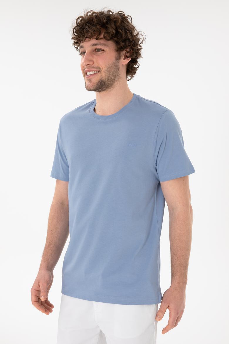 Erkek Regular Fit Bisiklet Yaka Mavi Basic Tişört - 50305928257