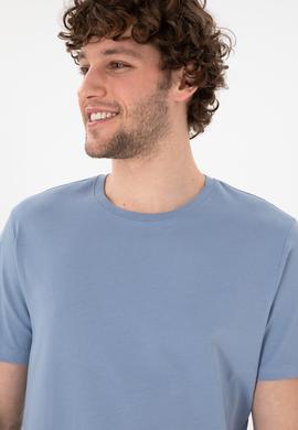 Erkek Regular Fit Bisiklet Yaka Mavi Basic Tişört - 50305928257