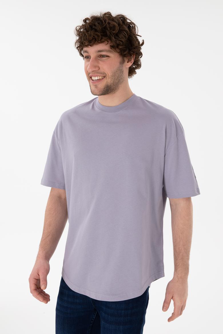 Erkek Long Fit Bisiklet Yaka Gri Basic Tişört - 50305988108