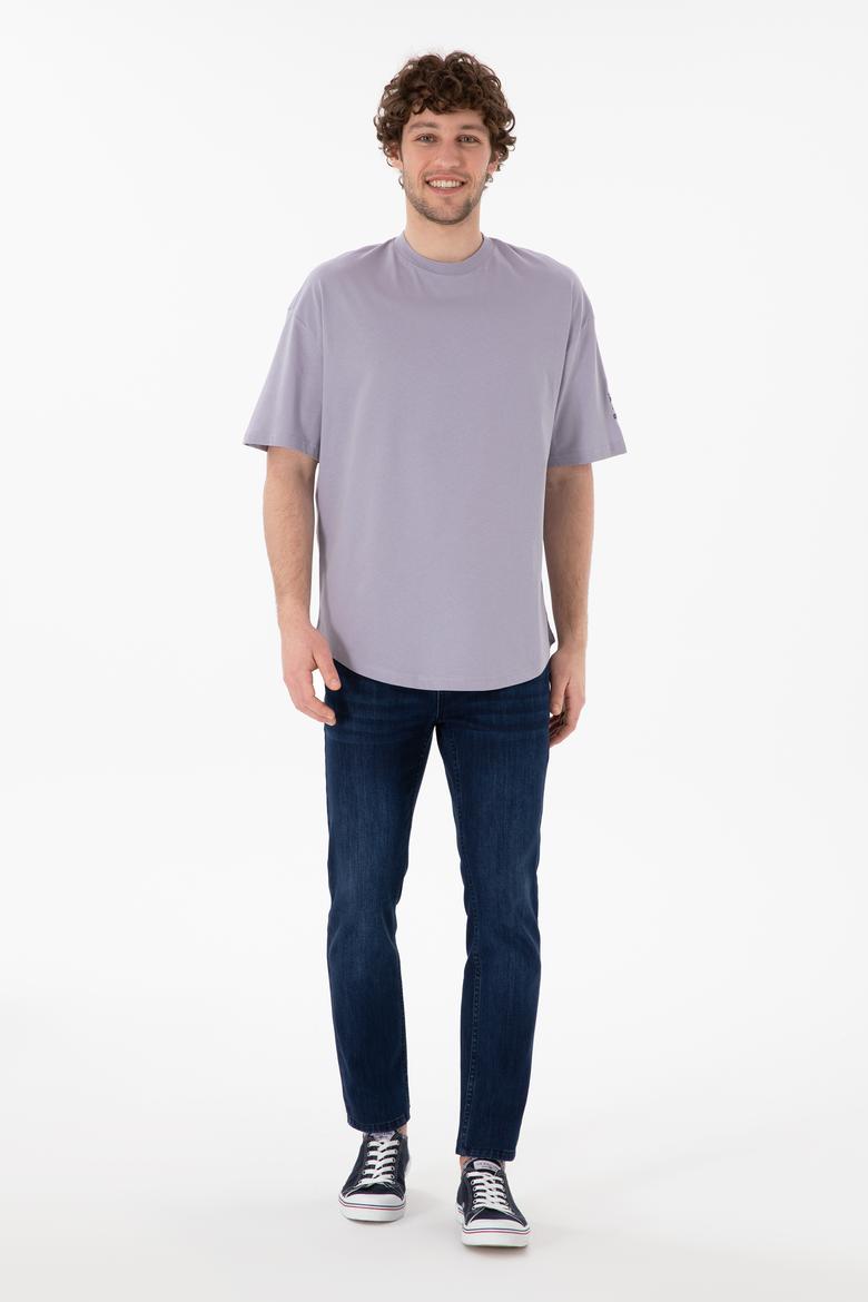 Erkek Long Fit Bisiklet Yaka Gri Basic Tişört - 50305988108