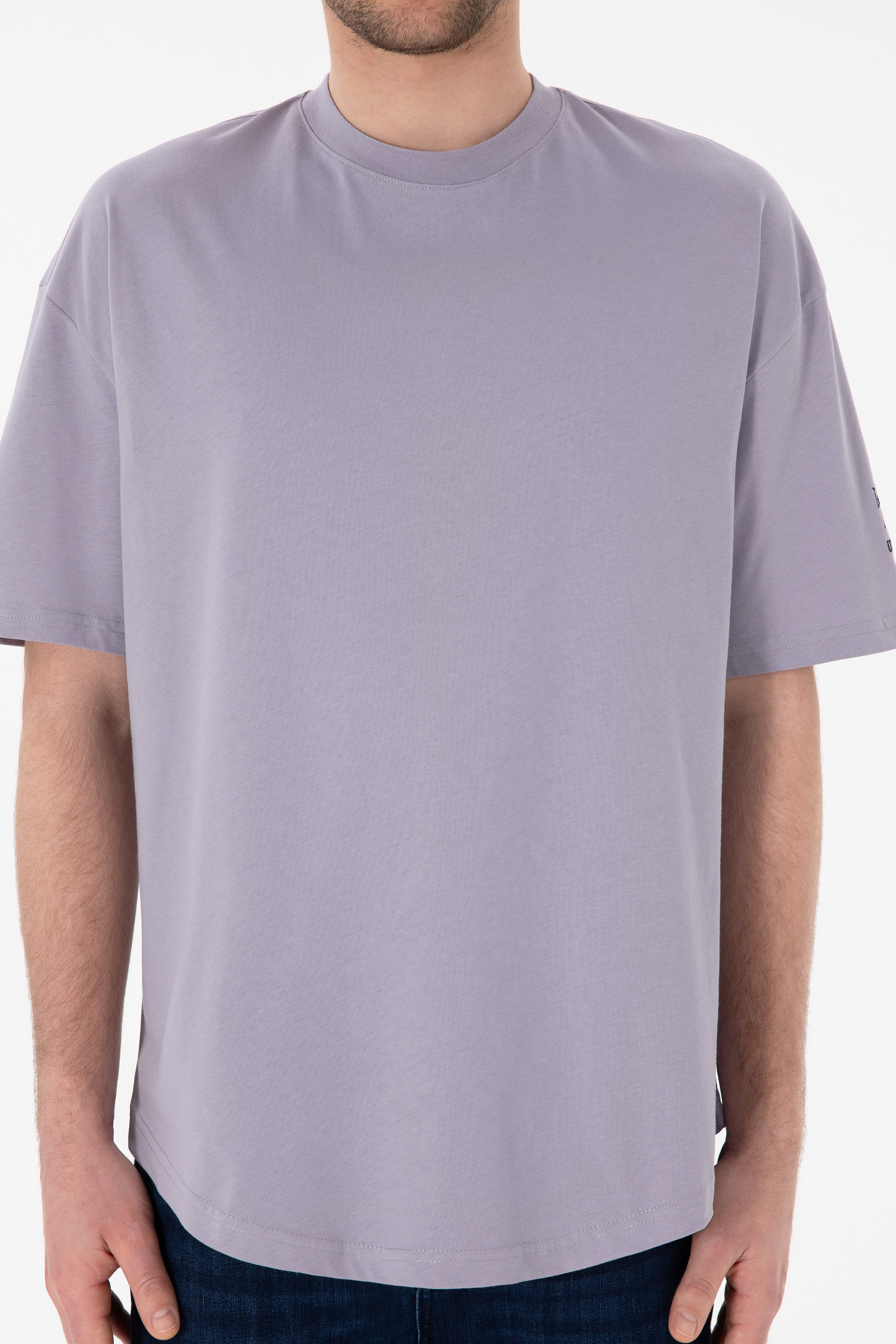 Erkek Long Fit Bisiklet Yaka Gri Basic Tişört - Image 7