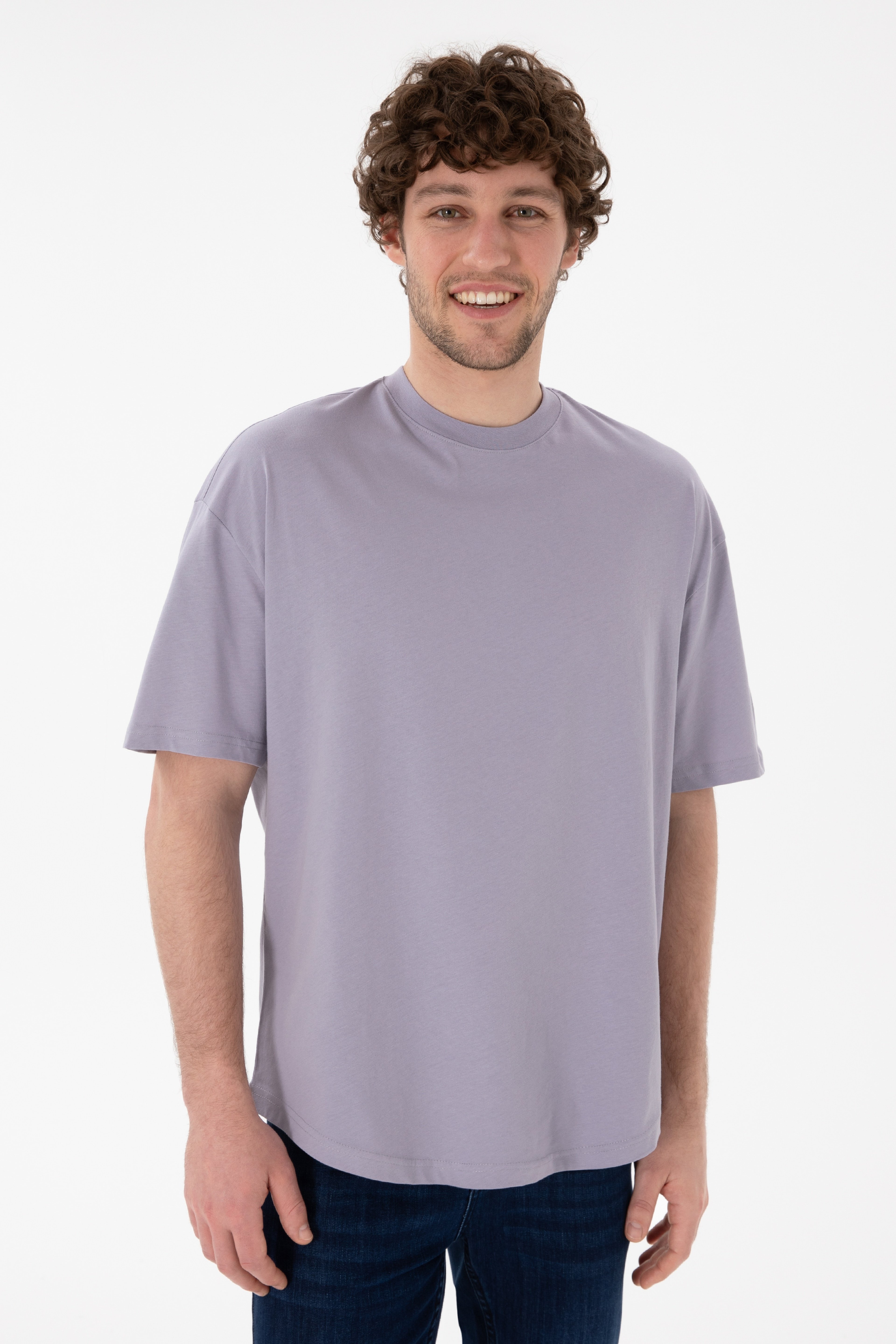 Erkek Long Fit Bisiklet Yaka Gri Basic Tişört - Image 2