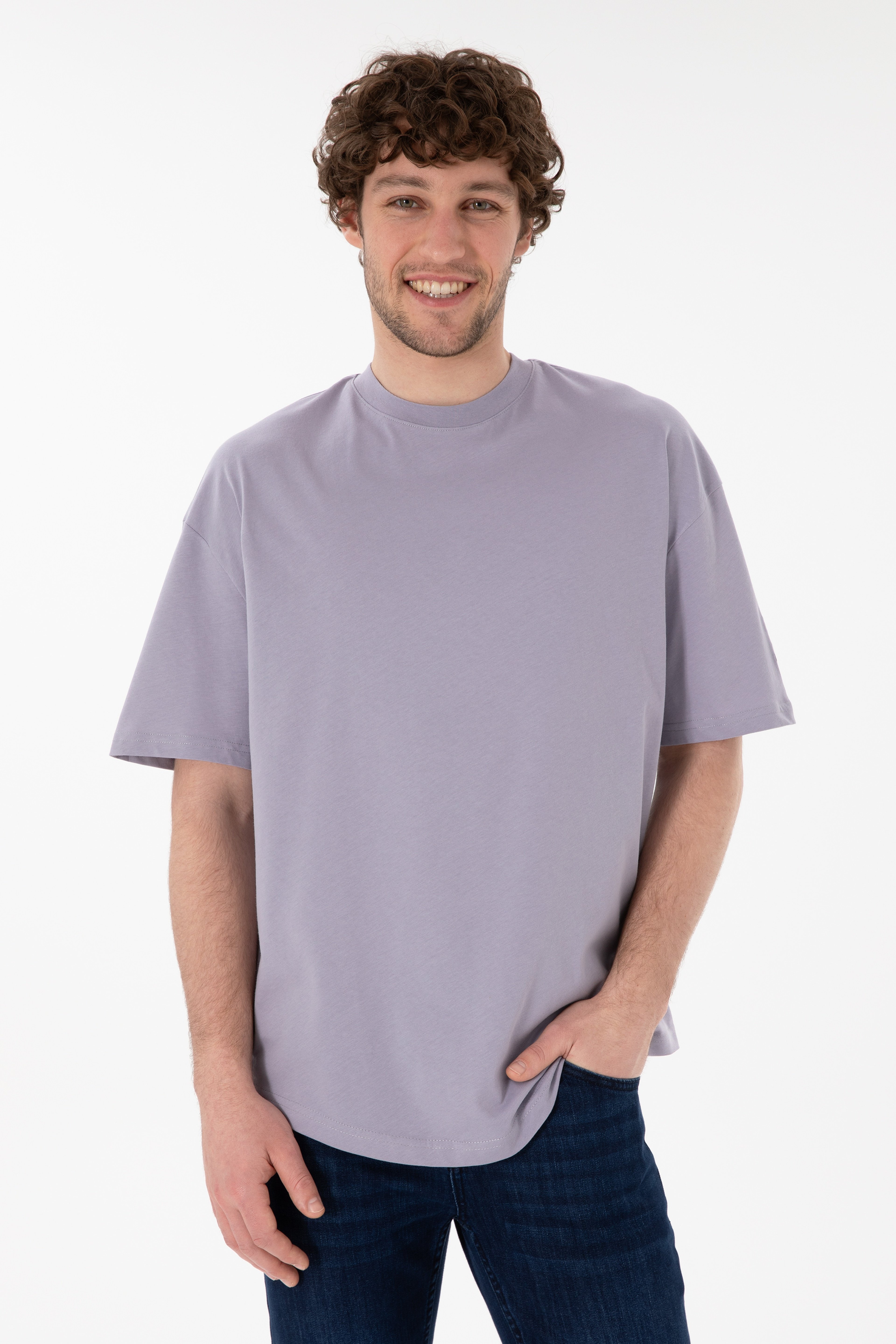 Erkek Long Fit Bisiklet Yaka Gri Basic Tişört - Image 1