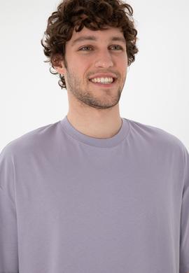 Erkek Long Fit Bisiklet Yaka Gri Basic Tişört - 50305988108