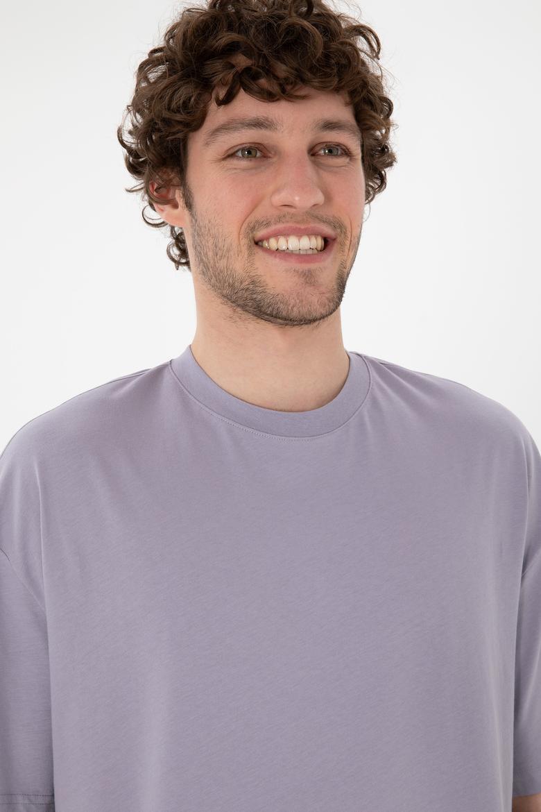 Erkek Long Fit Bisiklet Yaka Gri Basic Tişört - 50305988108