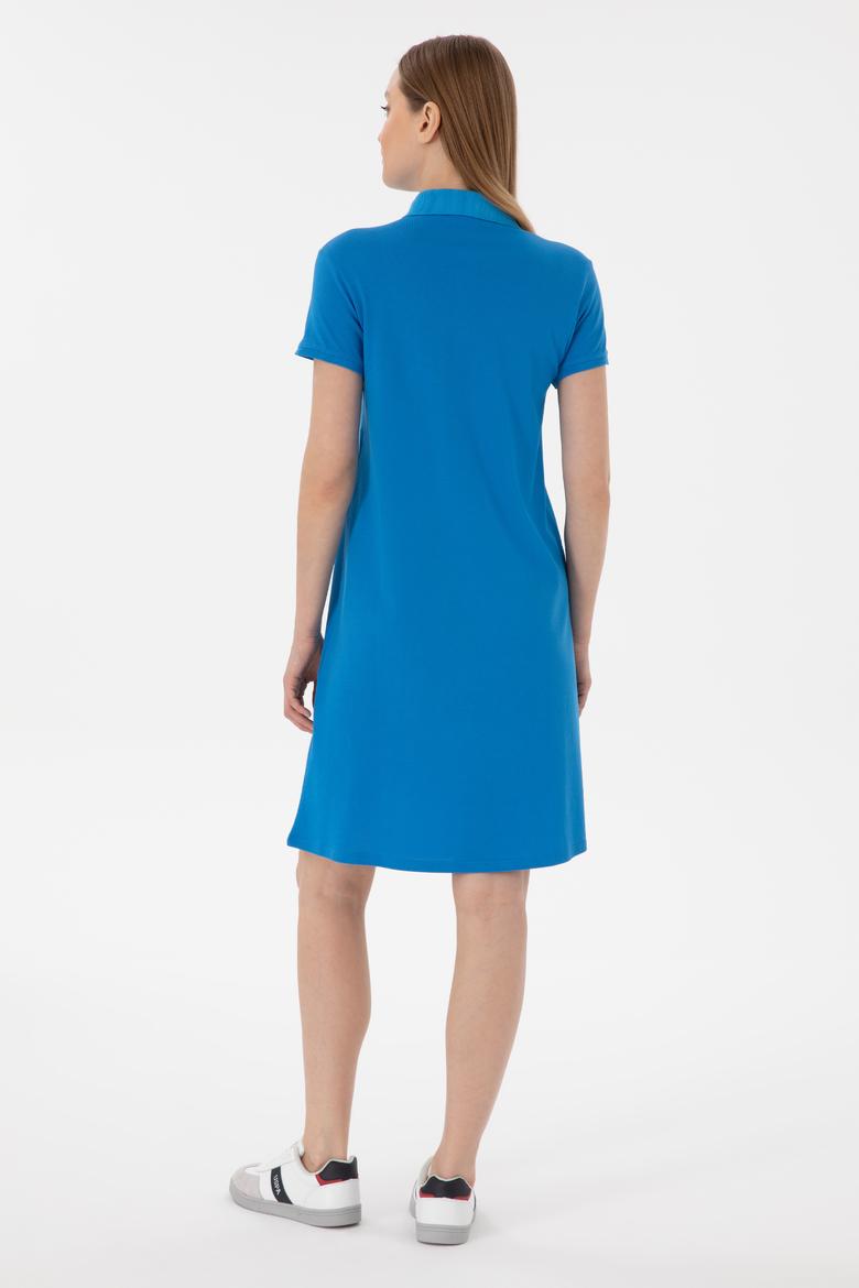 Kadın Saks Polo Yaka Mini Boy Örme Elbise - 50280038030