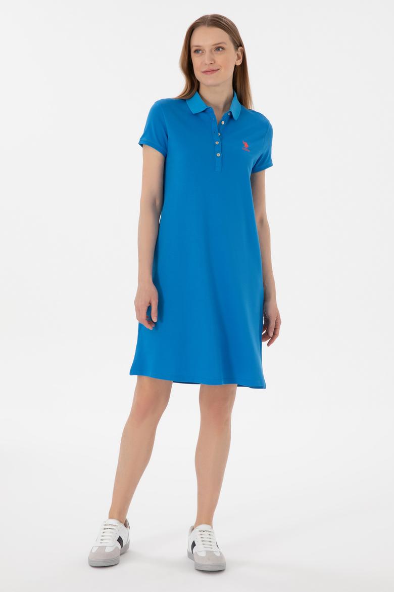 Kadın Saks Polo Yaka Mini Boy Örme Elbise - 50280038030