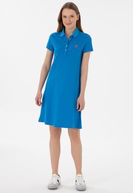 Kadın Saks Polo Yaka Mini Boy Örme Elbise - 50280038030