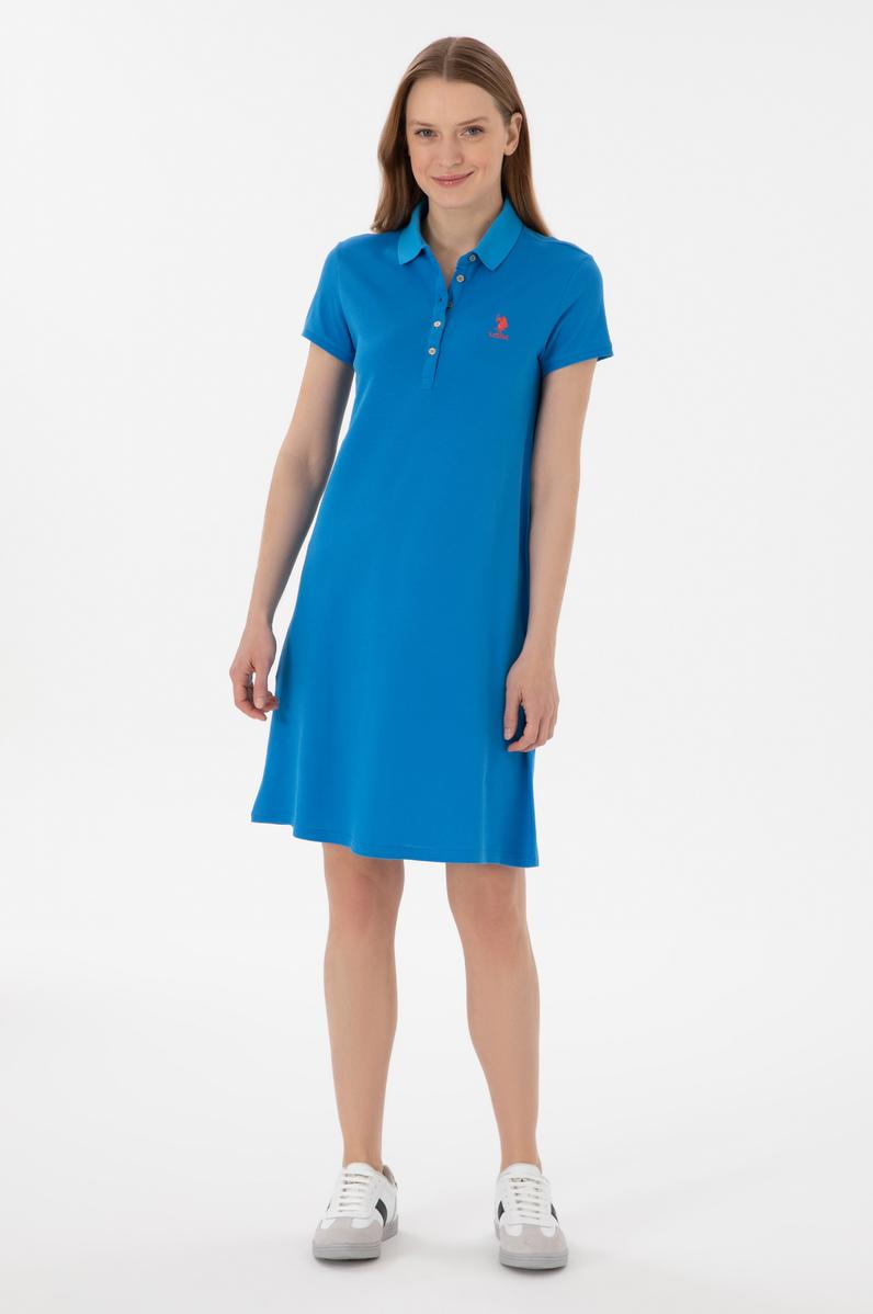 Kadın Saks Polo Yaka Mini Boy Örme Elbise