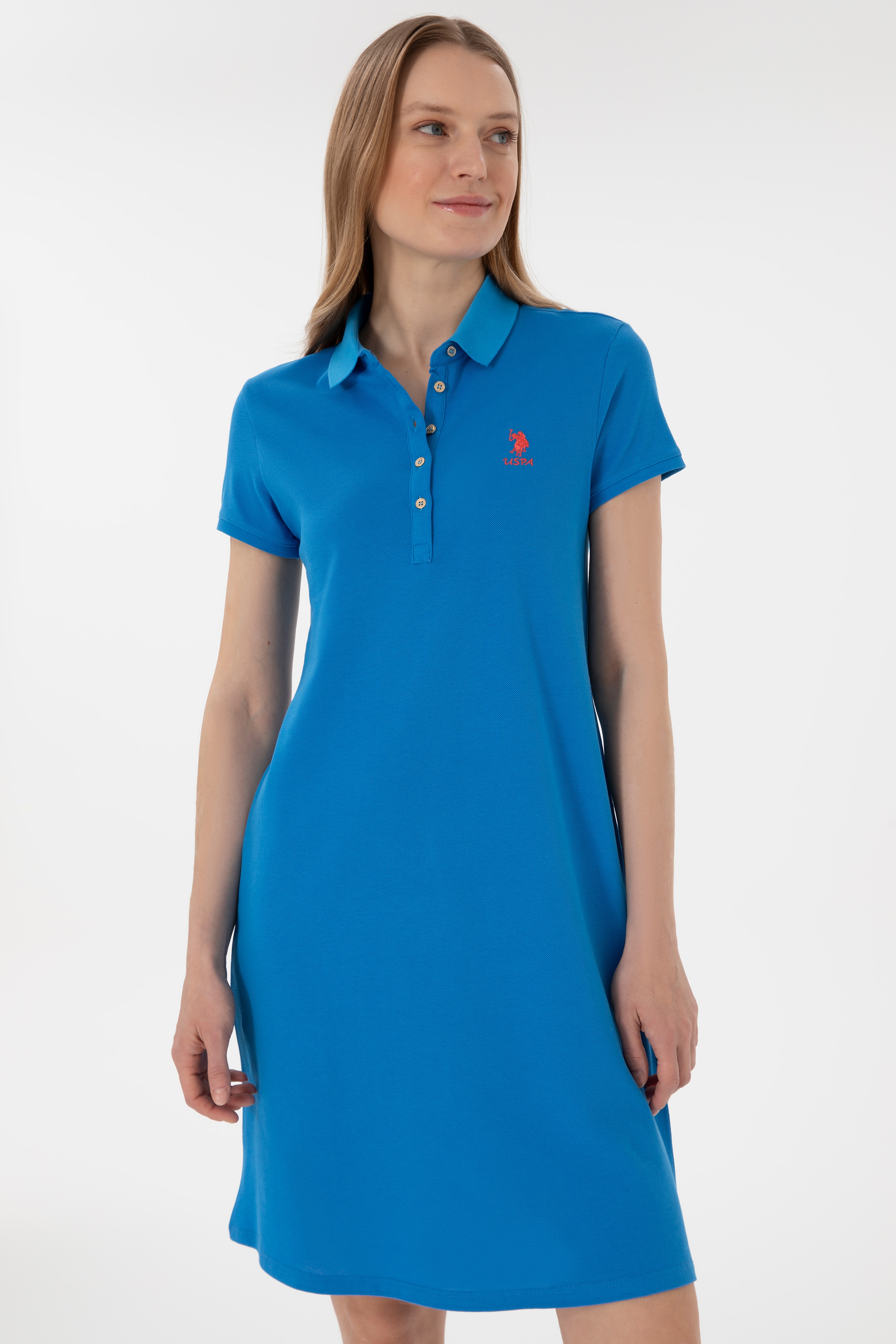 Kadın Saks Polo Yaka Mini Boy Örme Elbise - Image 2