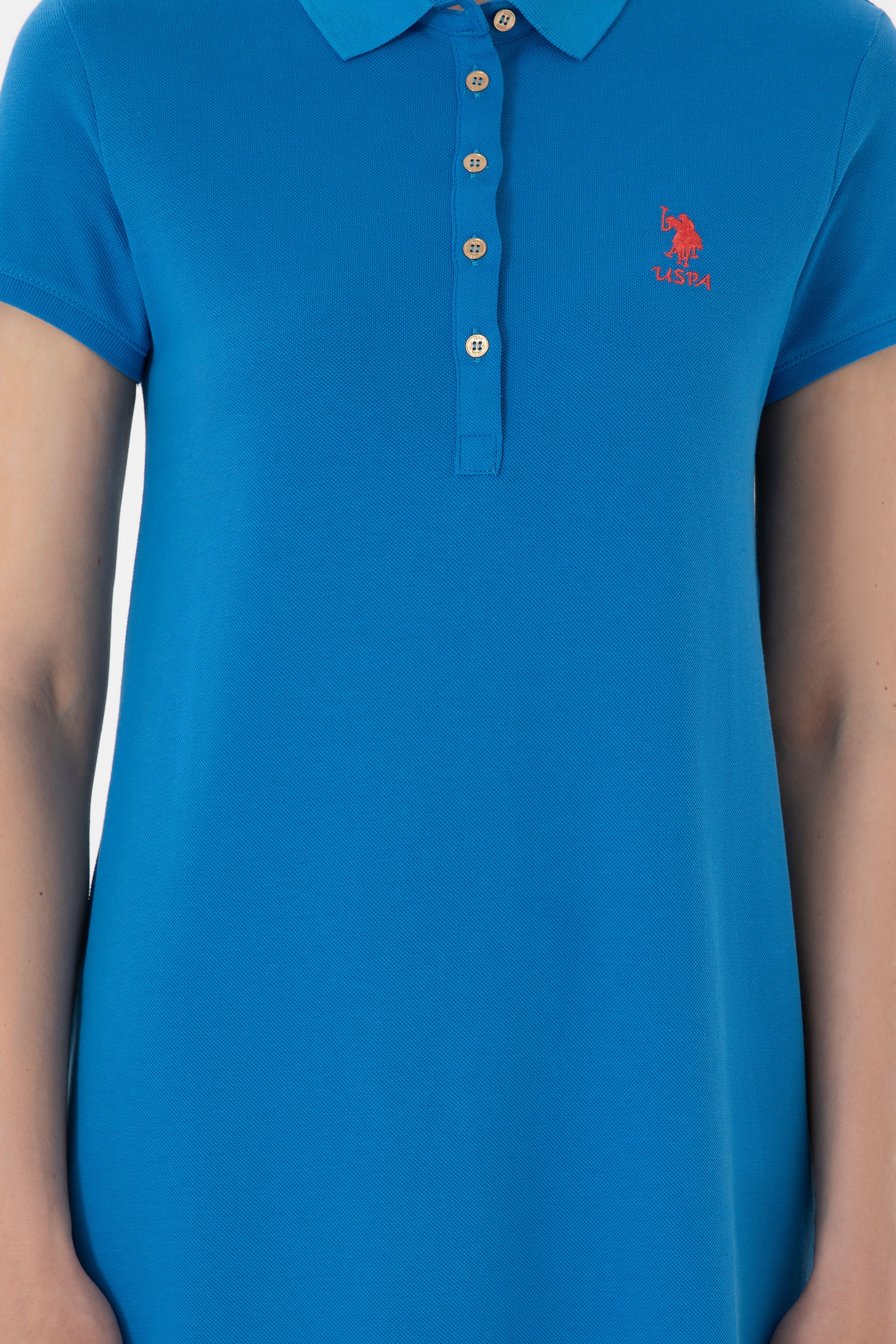 Kadın Saks Polo Yaka Mini Boy Örme Elbise - Image 5