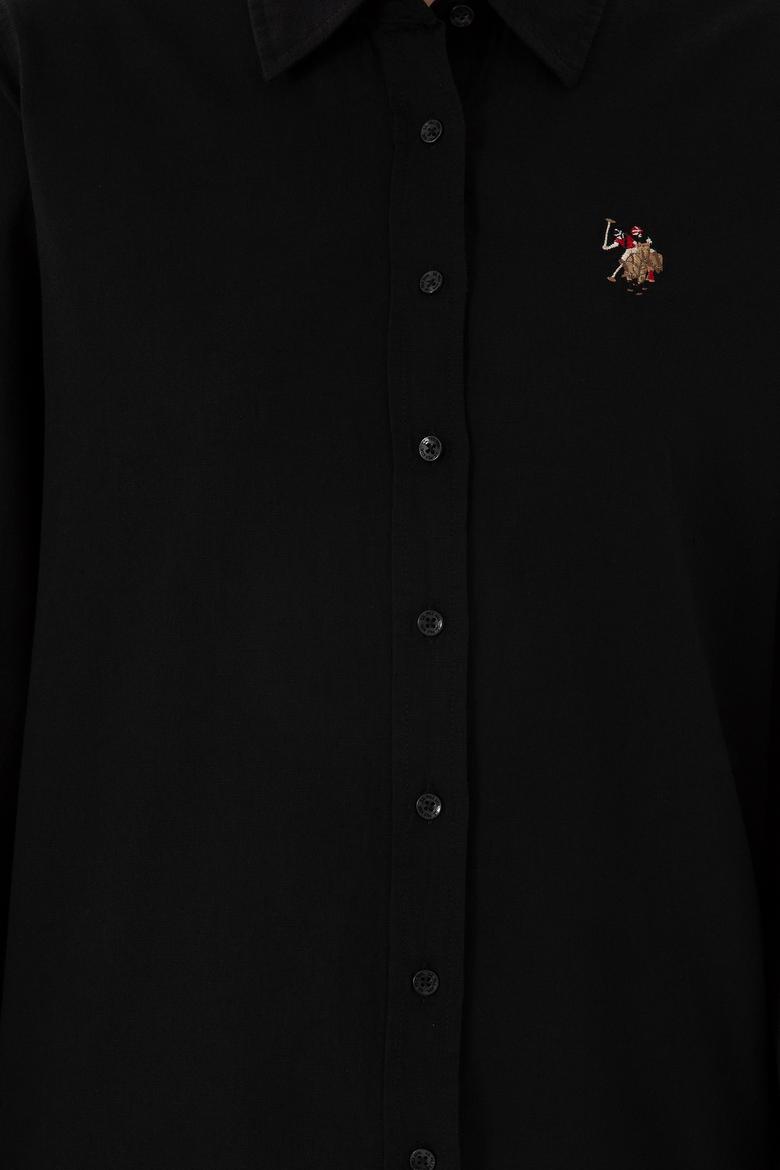 Kadın Siyah Keten Karışımlı Uzun Kollu Basic Gömlek - 50298098036