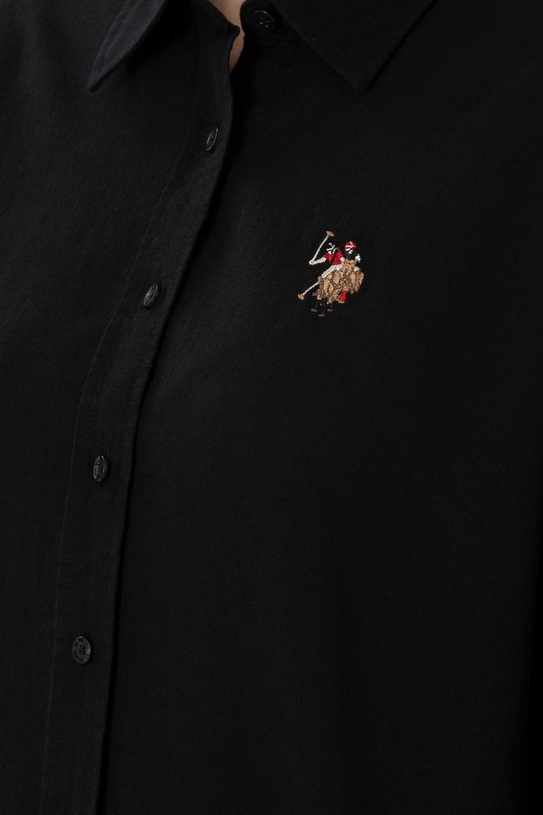 Kadın Siyah Keten Karışımlı Uzun Kollu Basic Gömlek - 50298098036