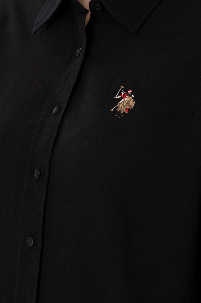 Kadın Siyah Keten Karışımlı Uzun Kollu Basic Gömlek