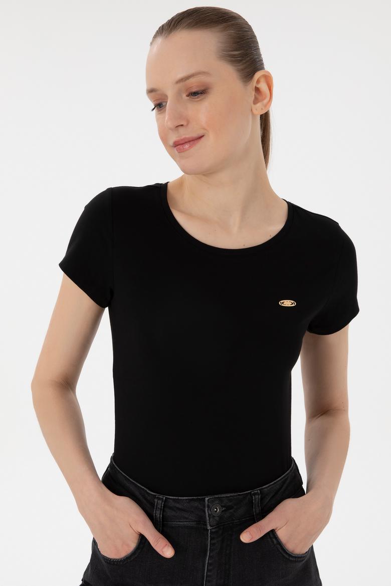 Kadın Siyah Bisiklet Yaka Tişört - 50297915021