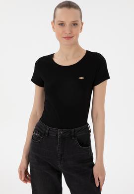 Kadın Siyah Bisiklet Yaka Tişört - 50297915021