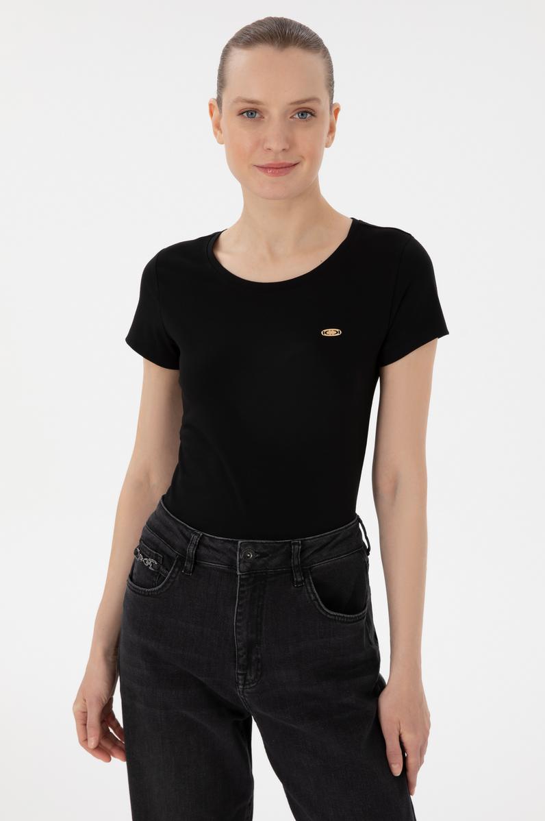 Kadın Siyah Bisiklet Yaka Tişört