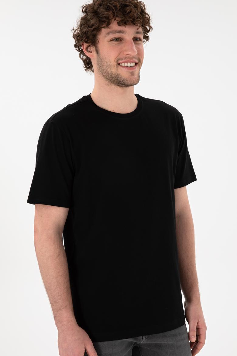 Erkek Regular Fit Bisiklet Yaka Siyah Basic Tişört - 50305985046