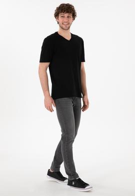 Erkek Regular Fit  V Yaka Siyah Basic Tişört - 50305858019