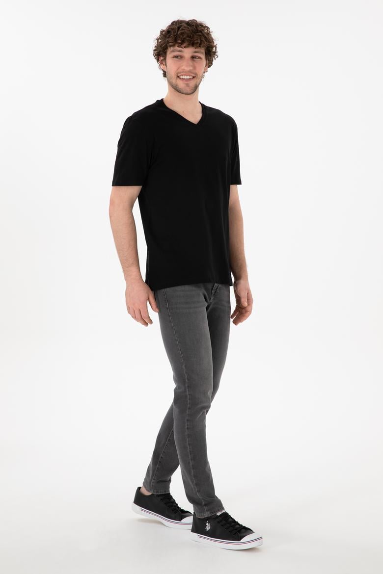 Erkek Regular Fit  V Yaka Siyah Basic Tişört - 50305858019