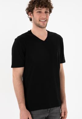 Erkek Regular Fit  V Yaka Siyah Basic Tişört - 50305858019