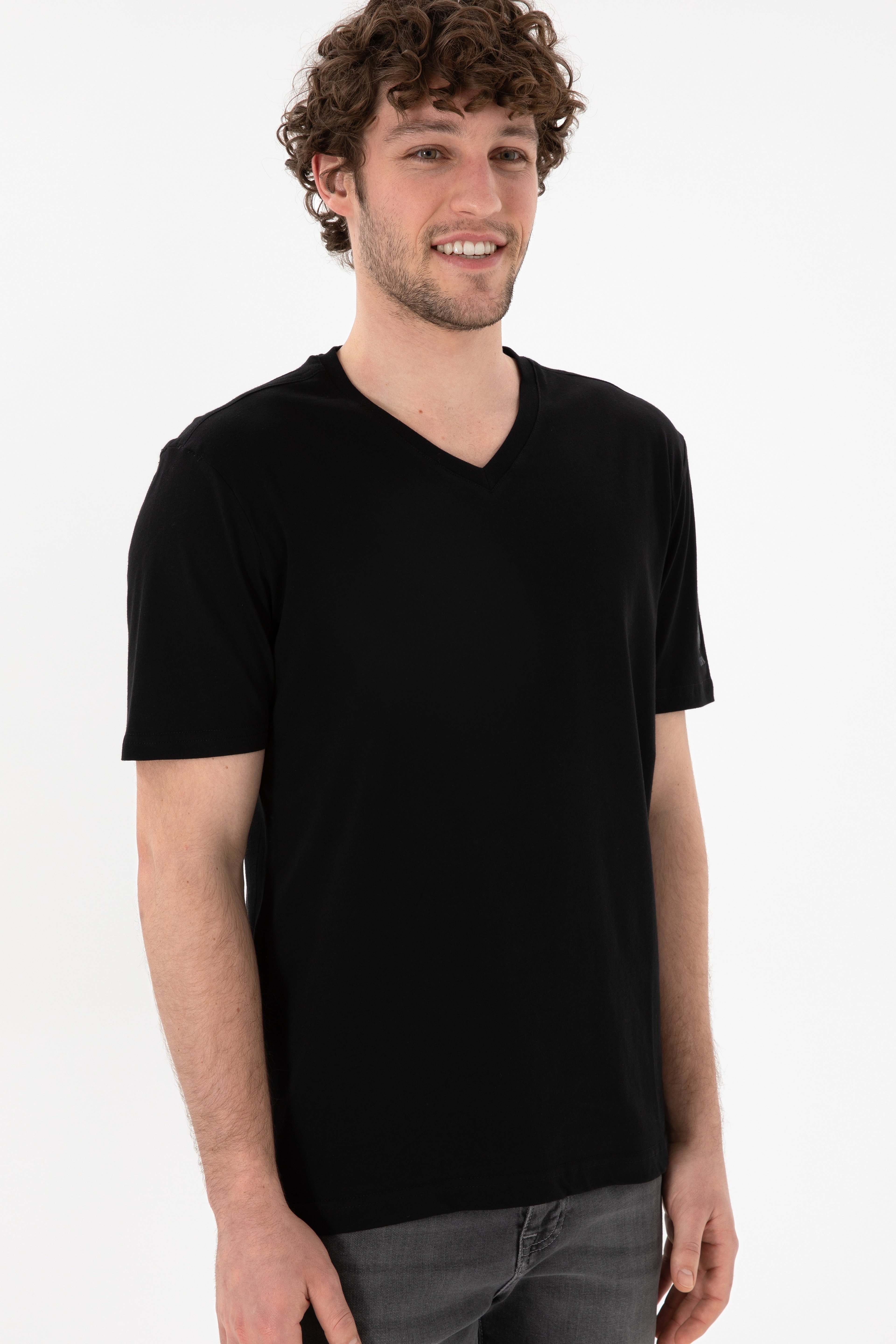 Erkek Regular Fit  V Yaka Siyah Basic Tişört - Image 4
