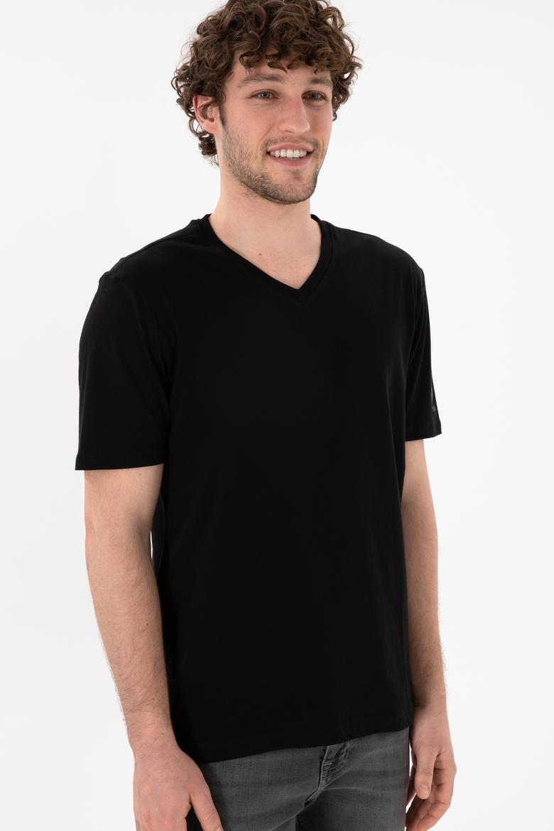 Erkek Regular Fit  V Yaka Siyah Basic Tişört - 50305858019