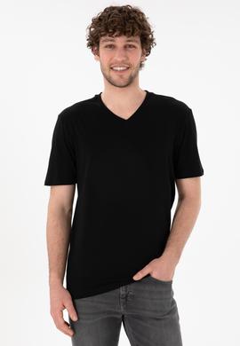 Erkek Regular Fit  V Yaka Siyah Basic Tişört - 50305858019