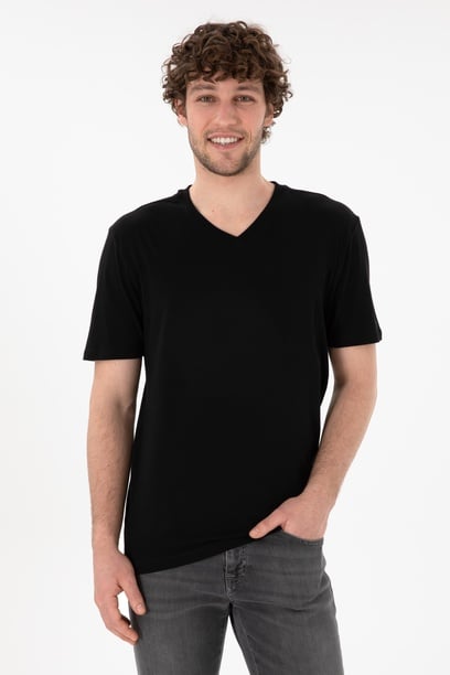 Erkek Regular Fit  V Yaka Siyah Basic Tişört