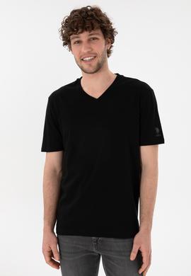 Erkek Regular Fit  V Yaka Siyah Basic Tişört - 50305858019