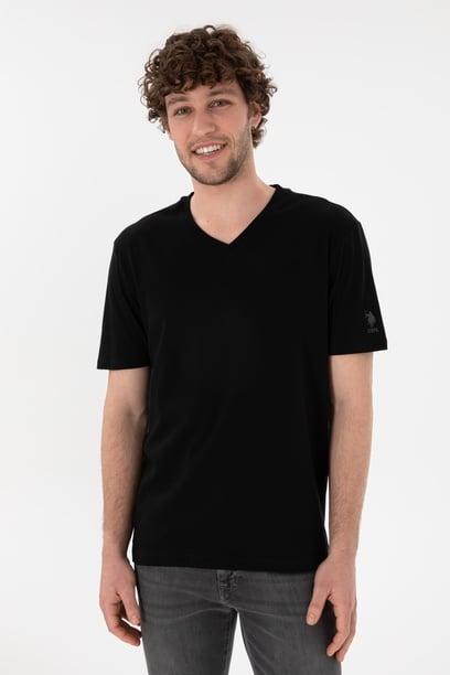 Erkek Regular Fit  V Yaka Siyah Basic Tişört