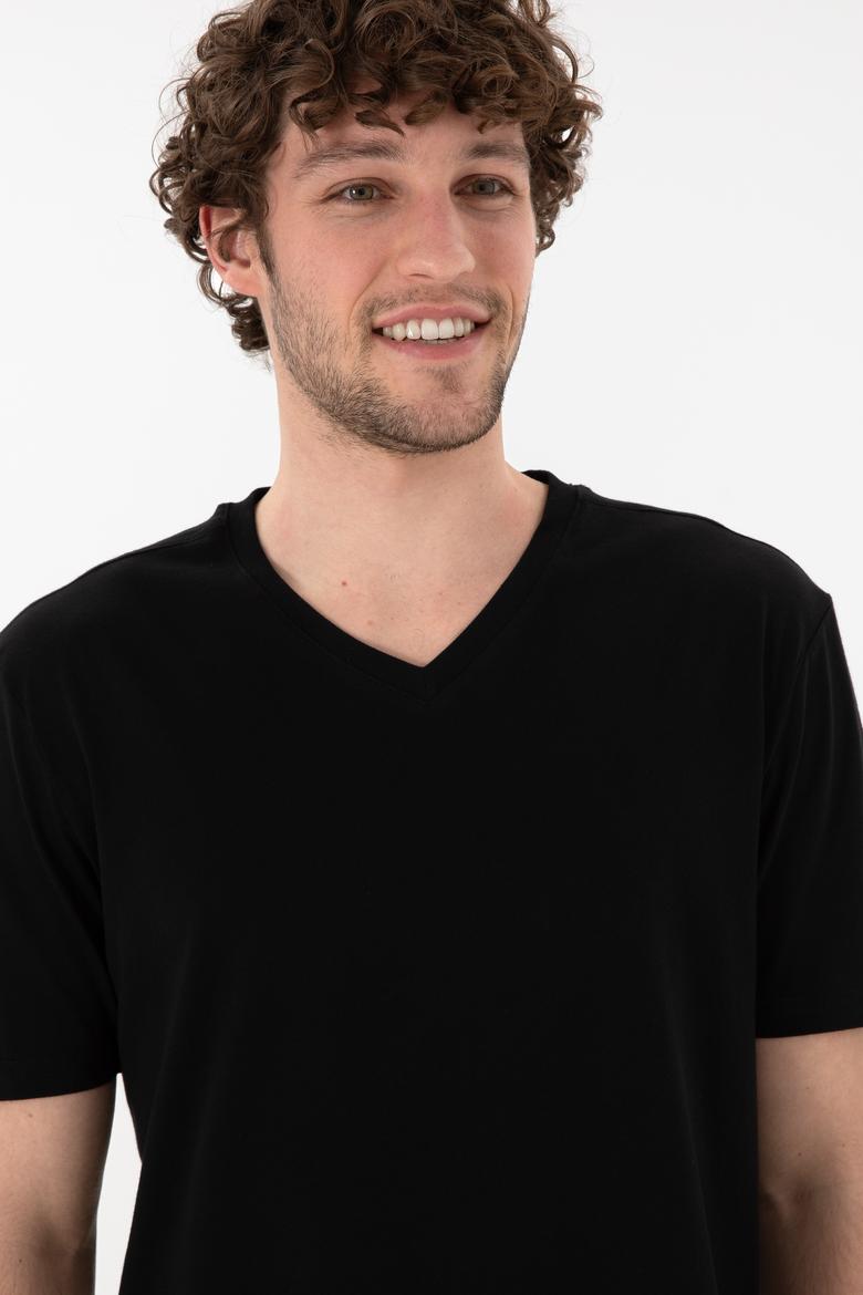 Erkek Regular Fit  V Yaka Siyah Basic Tişört - 50305858019