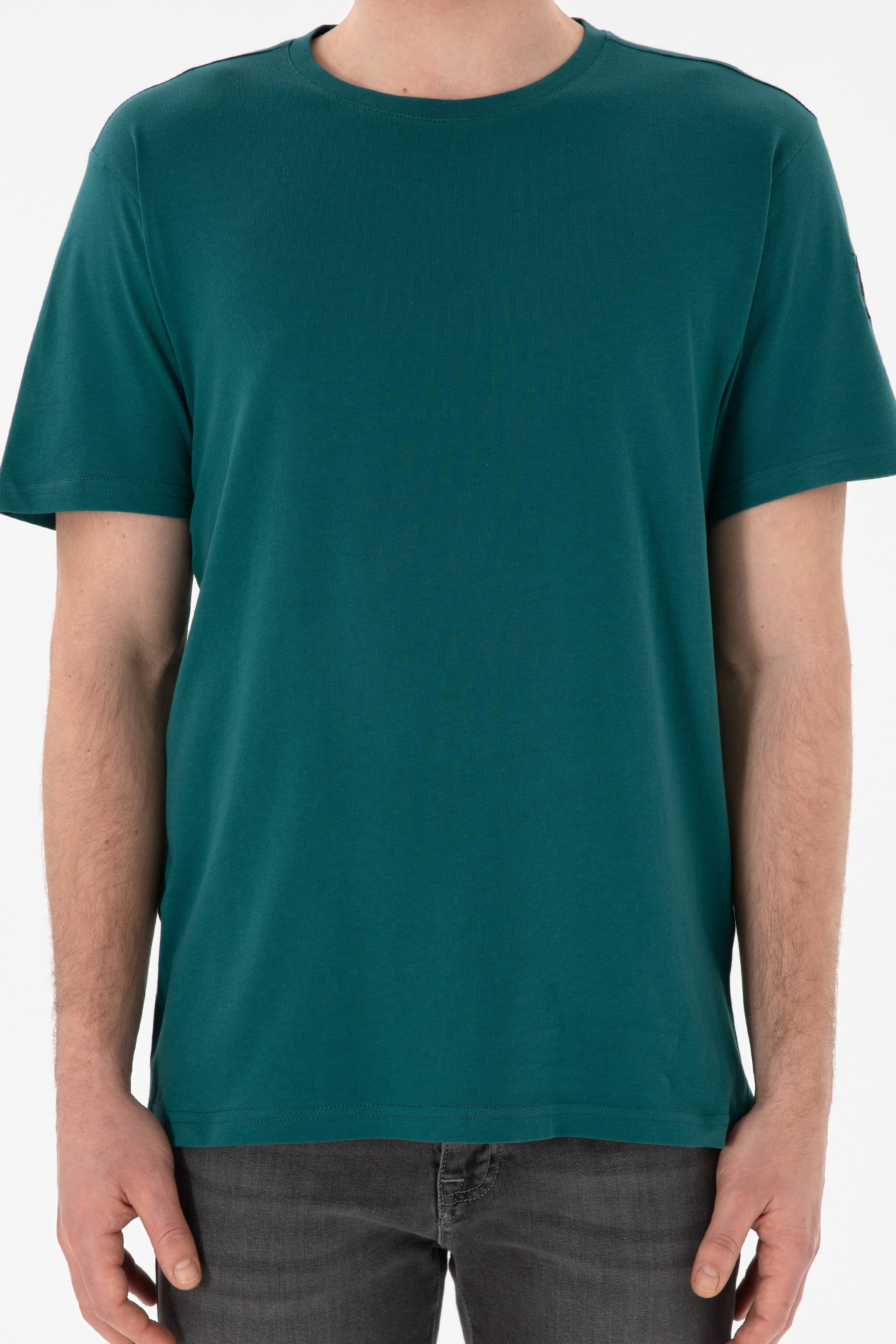 Erkek Regular Fit Bisiklet Yaka Koyu Yeşil Basic Tişört - Image 7