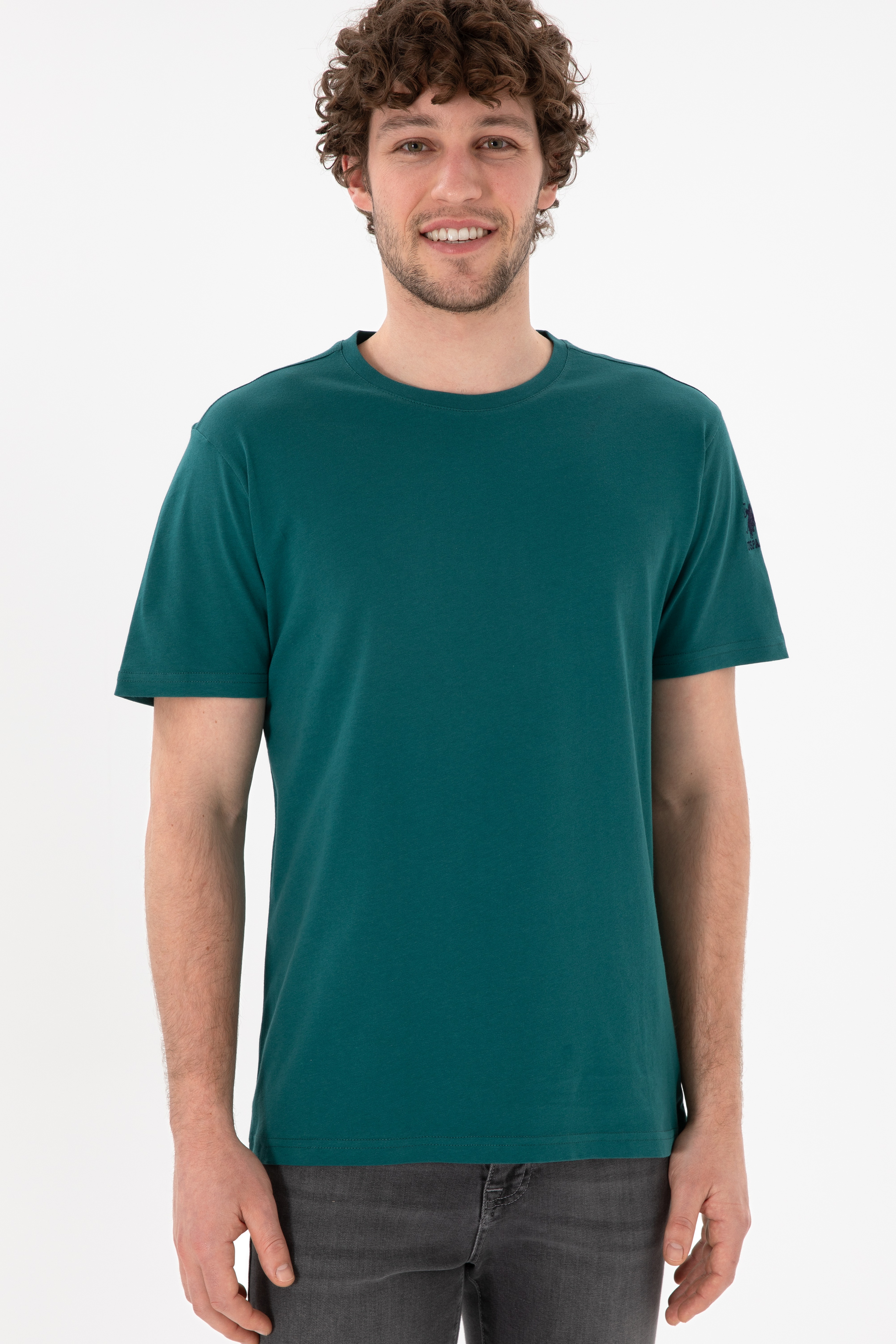 Erkek Regular Fit Bisiklet Yaka Koyu Yeşil Basic Tişört