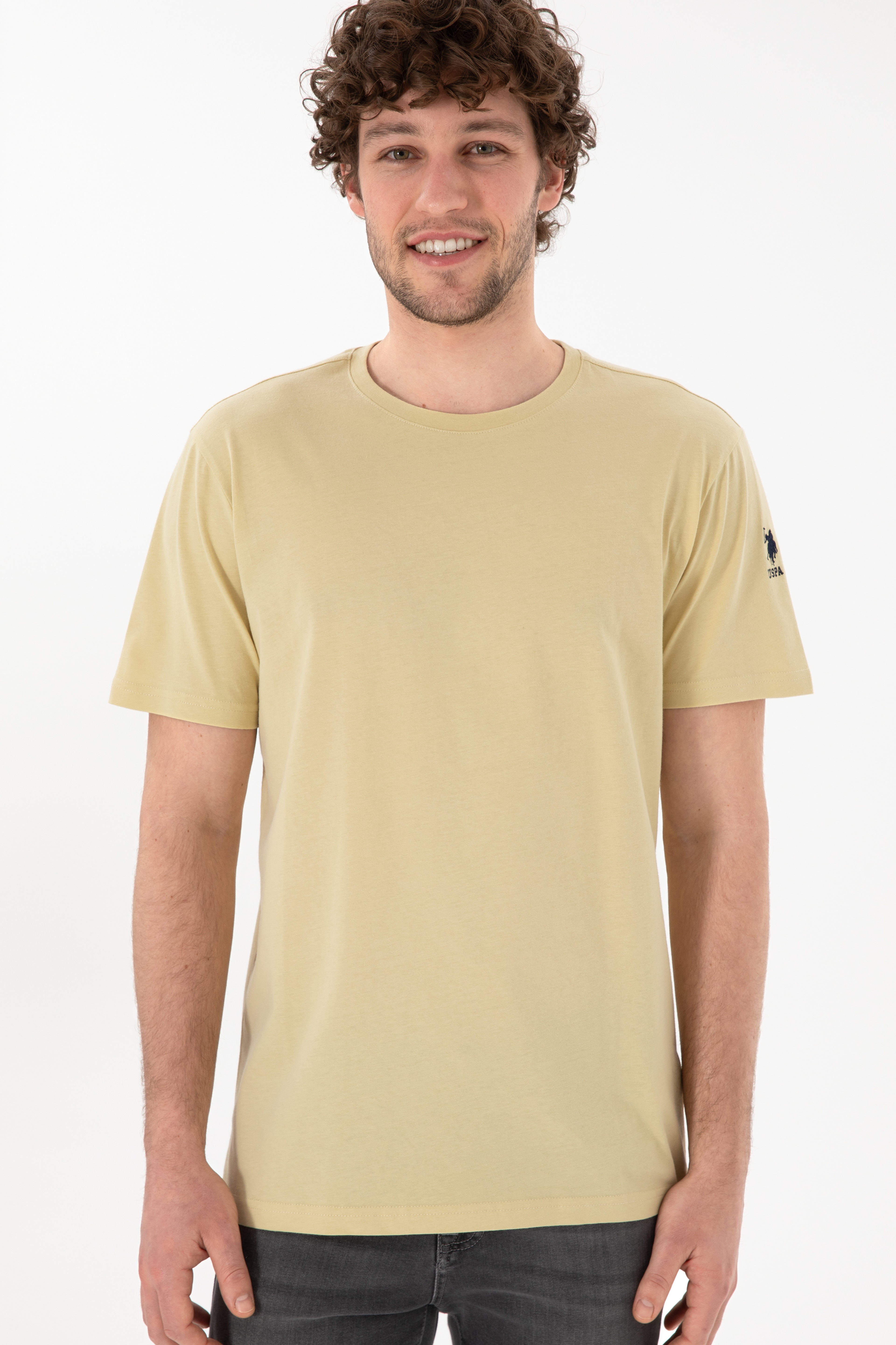 Erkek Regular Fit Bisiklet Yaka Açık Haki Basic Tişört