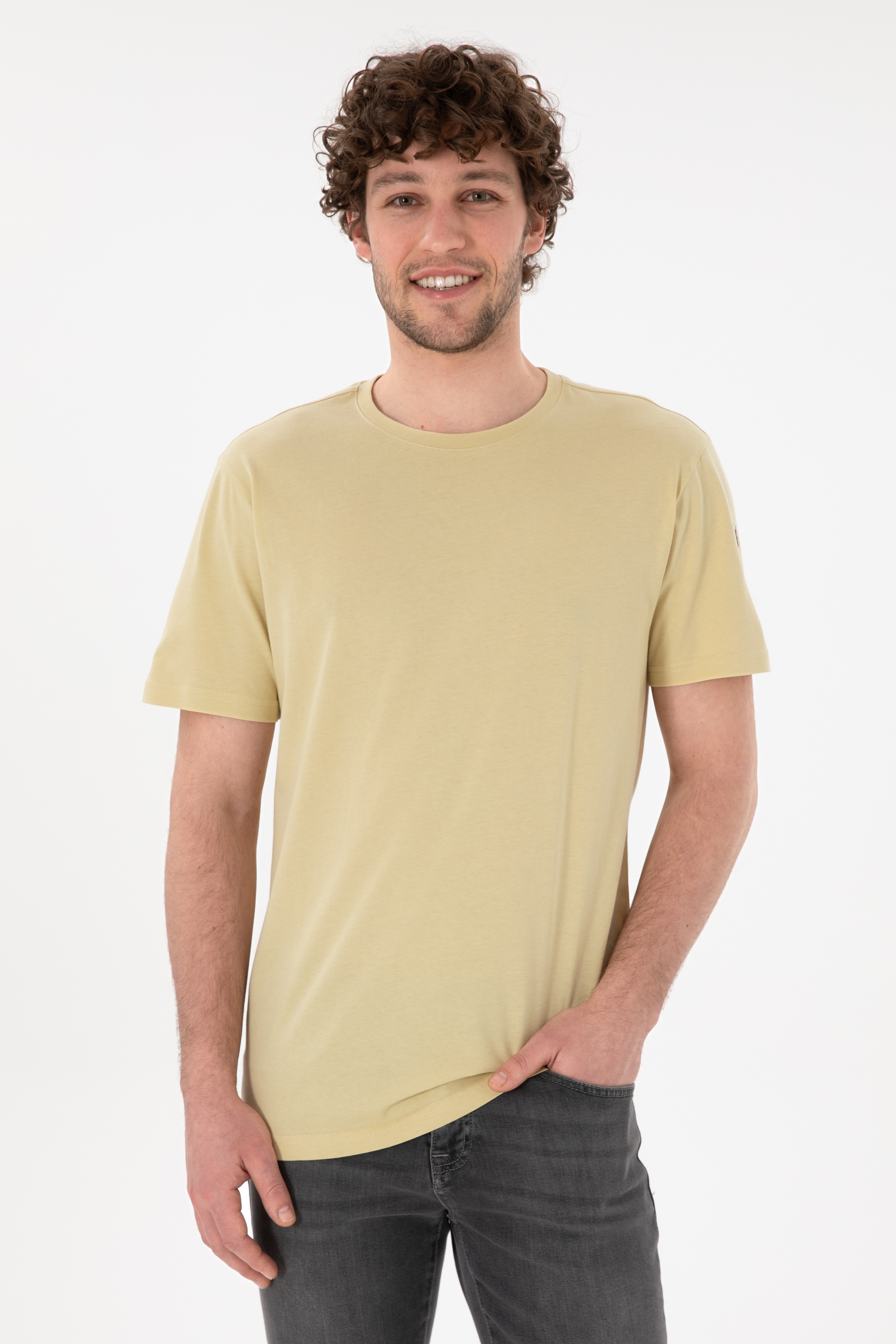 Erkek Regular Fit Bisiklet Yaka Açık Haki Basic Tişört
