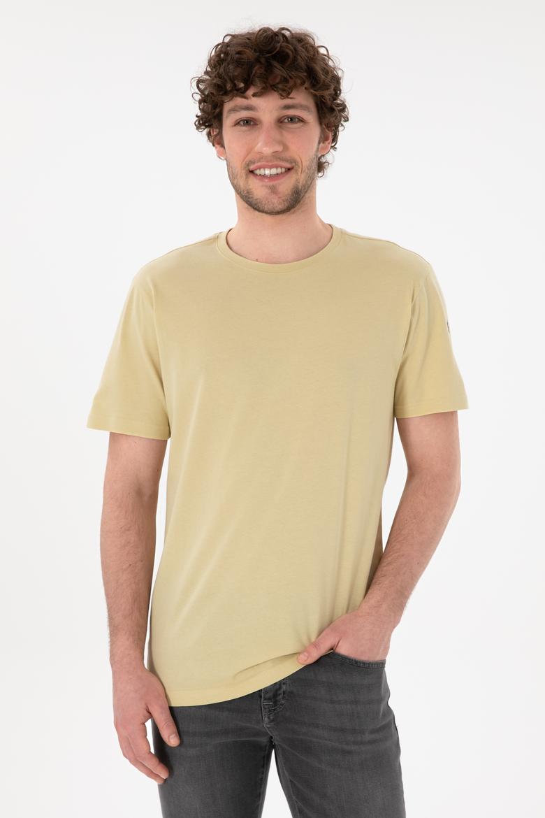 Erkek Regular Fit Bisiklet Yaka Açık Haki Basic Tişört