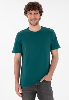 Erkek Regular Fit Bisiklet Yaka Koyu Yeşil Basic Tişört - 50305985087
