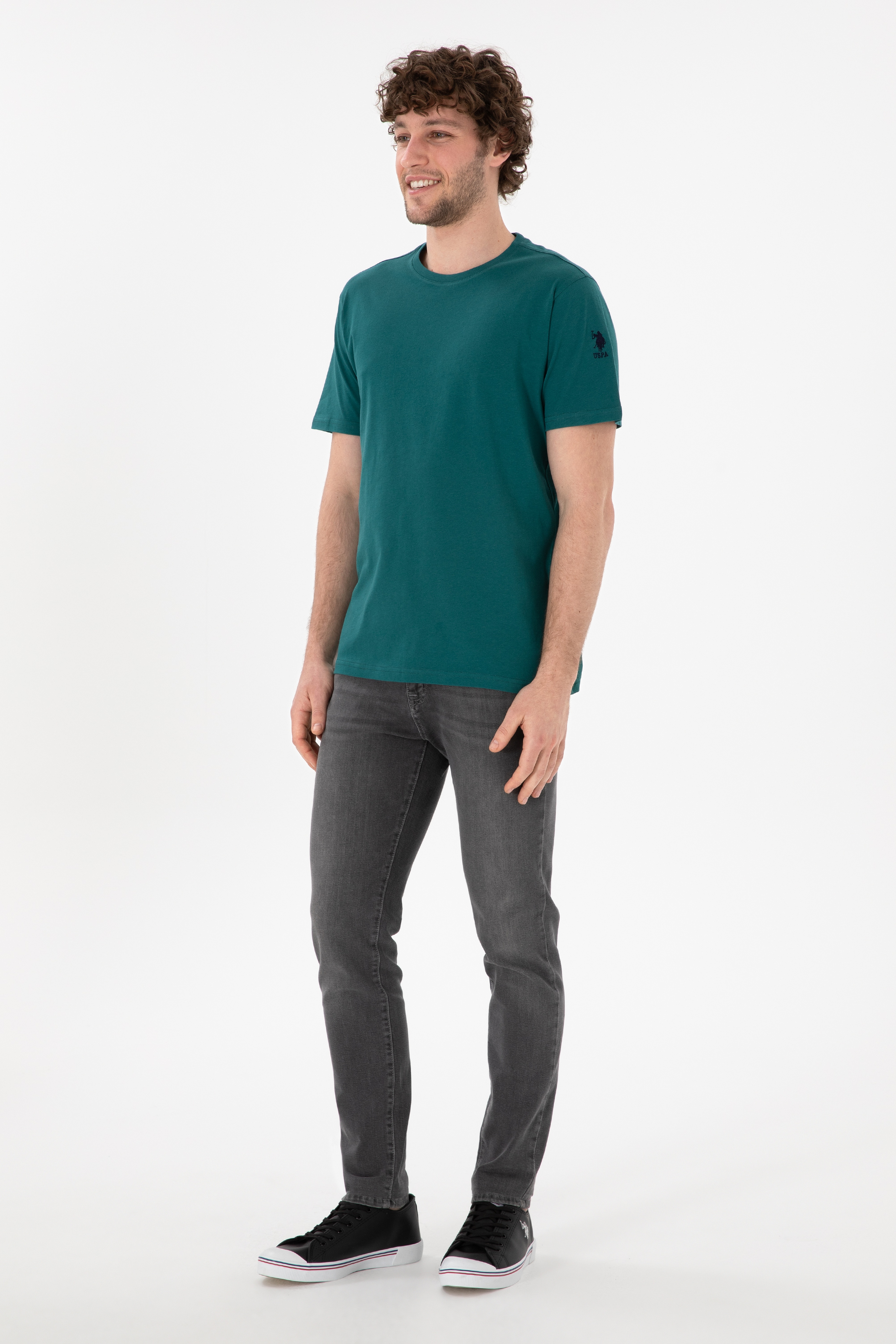 Erkek Regular Fit Bisiklet Yaka Koyu Yeşil Basic Tişört