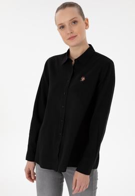 Kadın Siyah Keten Karışımlı Uzun Kollu Basic Gömlek - 50298098036