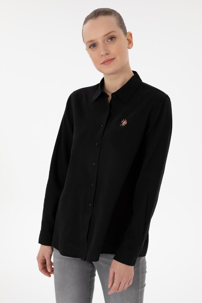 Kadın Siyah Keten Karışımlı Uzun Kollu Basic Gömlek
